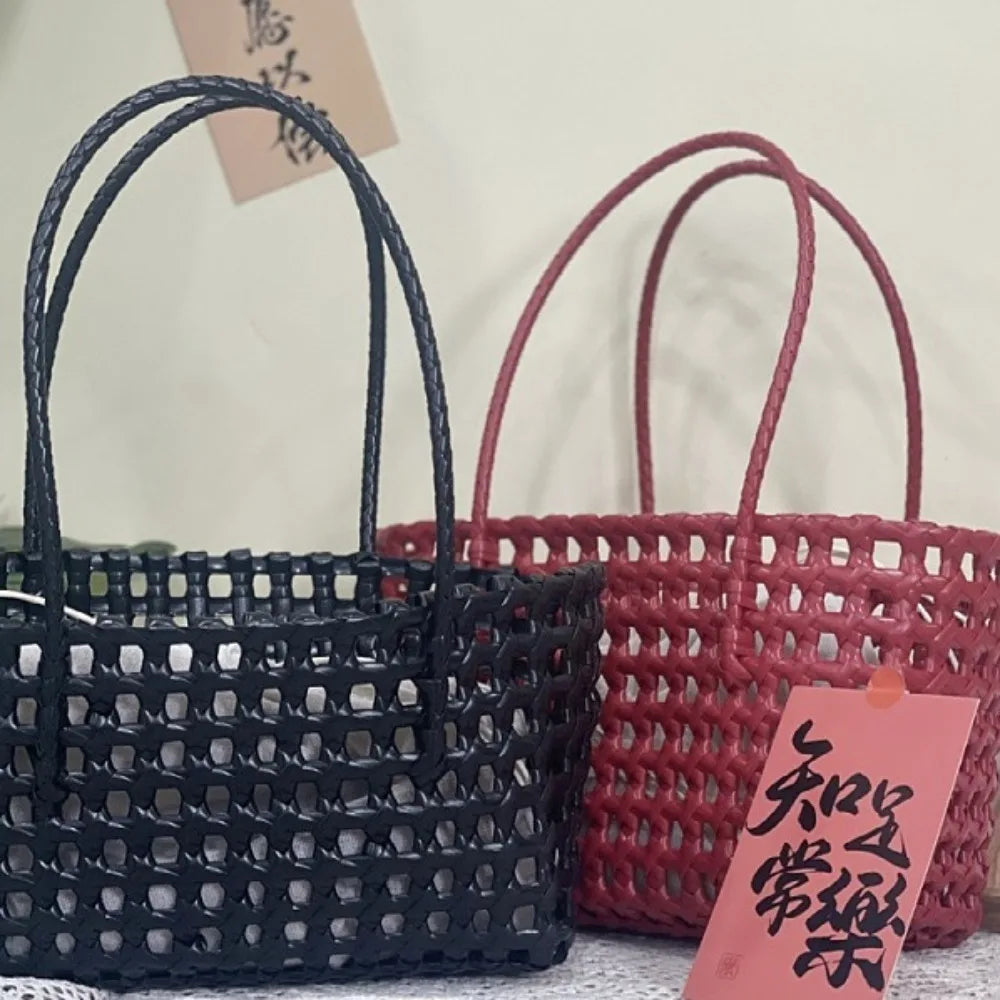 Plastic Hollow Weave Bag Countryside Style Bohemian Style Beach Tote Bag Large Capacity Bucket Bag Vegetable Basket Bag