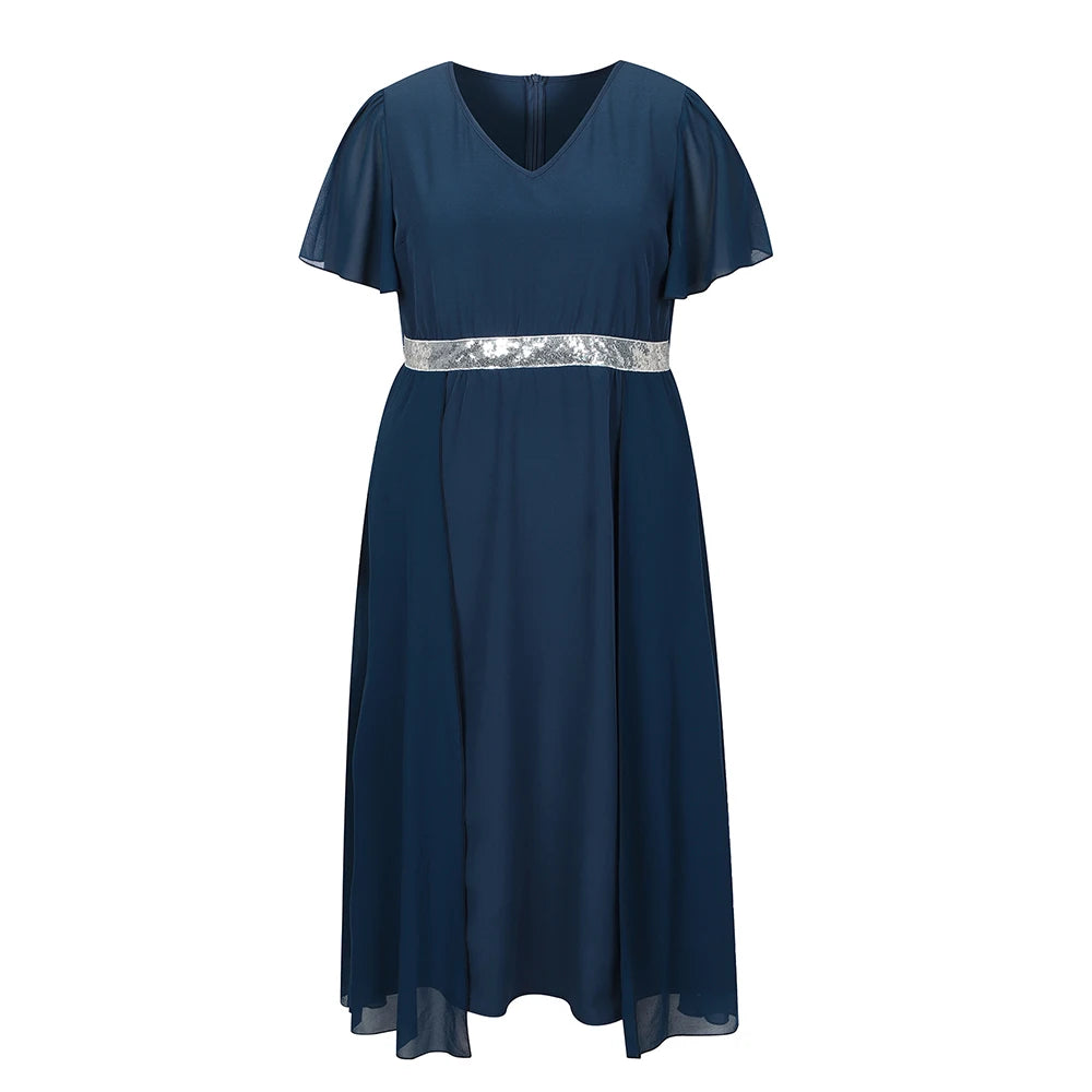 Plus Size Womens Elegant Butterfly Sleeve Sequin V-Neck Midi Dress Ladies Party Cocktail Evening Banquet Ball Gown Size 0XL-5XL