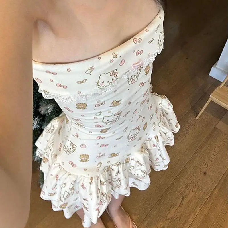 Japanese Hello Kittys Skirt Kawaii Cartoon Kittys Print Dress Y2K Girls Slim-Fit Cake Skirt Women's Sexy Strapless Dresses Gift