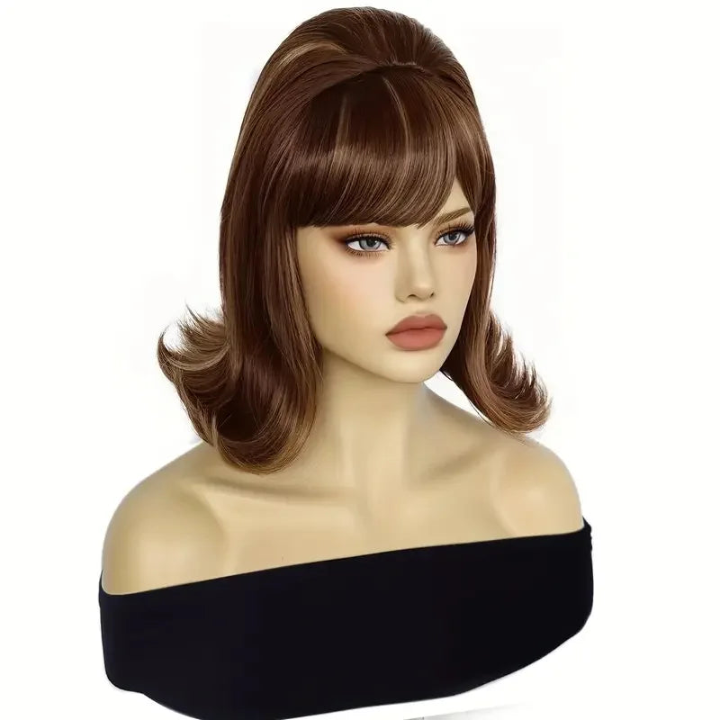 Synthetic A 14-inch black vintage period women's short straight wig with flat bangs is perfect for everyday holiday parties Color mixing 14inches 1pc