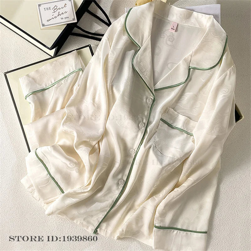 Women Long Sleeve Pajamas 2PCS Set Spring Summer New Sleepwear Loungewear Fashion Stripes Pyjama Pour Femme Loose Satin Homewear Beige Pajamas 17