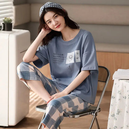 Summer Ladies Pajamas Loungewear Set Women's Summer Short Sleeve Cropped Pants Loungewear Thin Korean Casual Two-Piece Set Grey2023-35