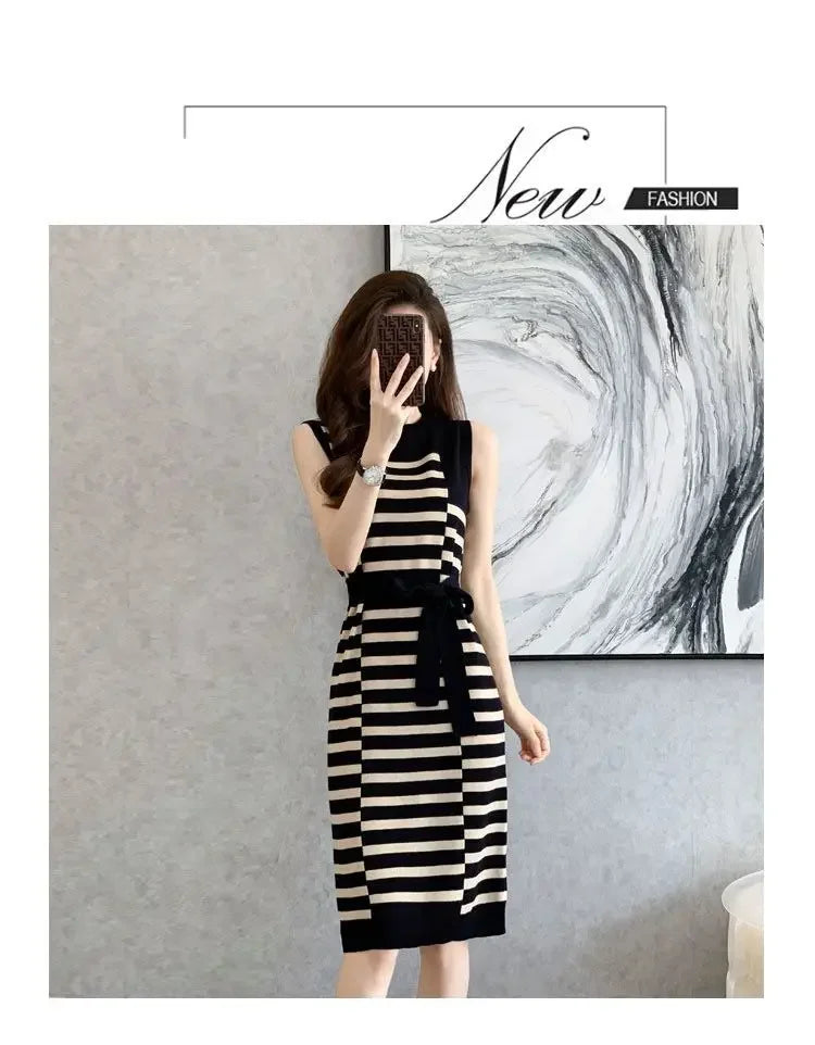 2025 Summer New Over-knee Long Temperament Slim Waist Vest Sleeveless Slim Striped Knitted Dress