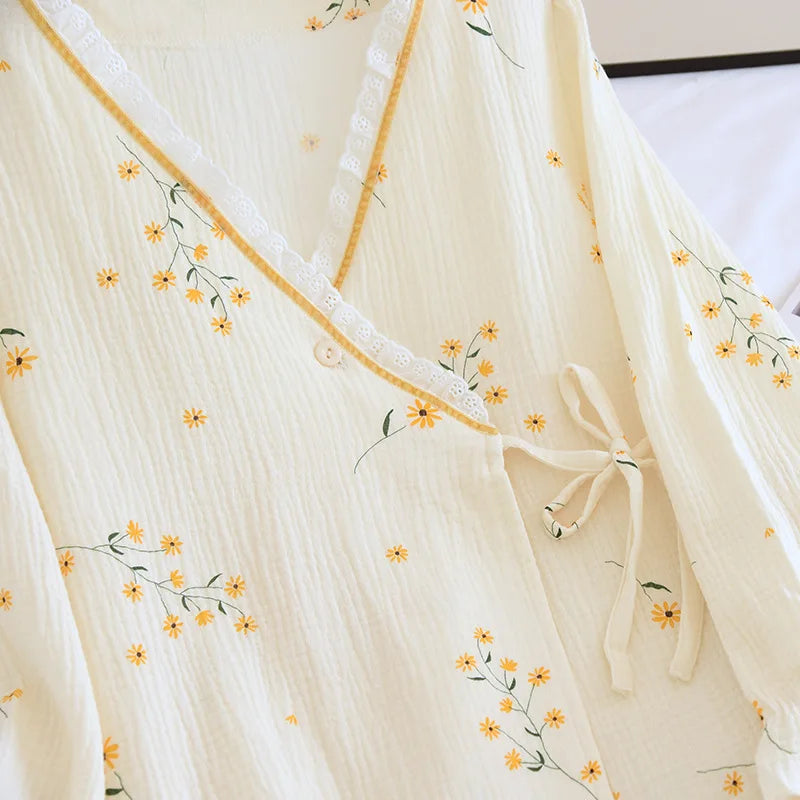 Fdfklak 2025 Spring Crepe Kimono Long Sleeve Home Clothes Female Sleepwear Gauze Cotton V-Neck Home Suit Women's Pajama