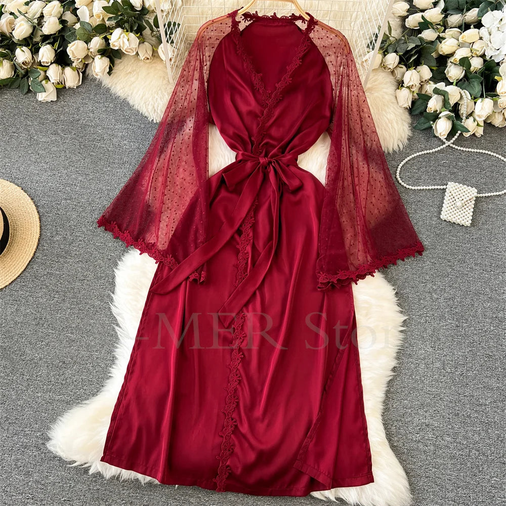 Sexy Embroider Edge Lady Kimono Bathrobe Dress Gown Mesh Sleeve Wedding Long Robe Sleepwear Loose Silk Satin Nightwear Lingerie