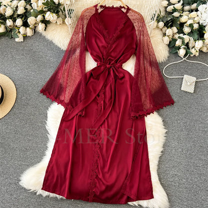 Sexy Embroider Edge Lady Kimono Bathrobe Dress Gown Mesh Sleeve Wedding Long Robe Sleepwear Loose Silk Satin Nightwear Lingerie