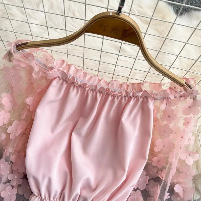 Off Shoulder Sexy Lace Blouses Women 2025 Spring Summer Korean Fashion Long Sleeve Tops Slim Flower Transparent Chiffon Shirts