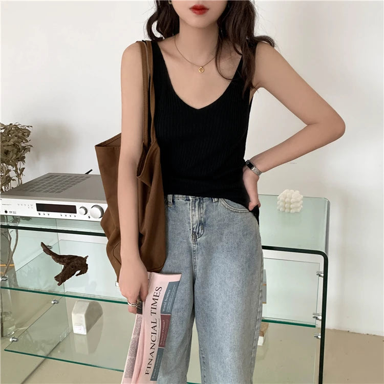Solid Color Basic Women's Vest Tank Top Solid Color Knitted Tees Top Cropped Top Camisole Sweater V-neck Summer Sleeveless