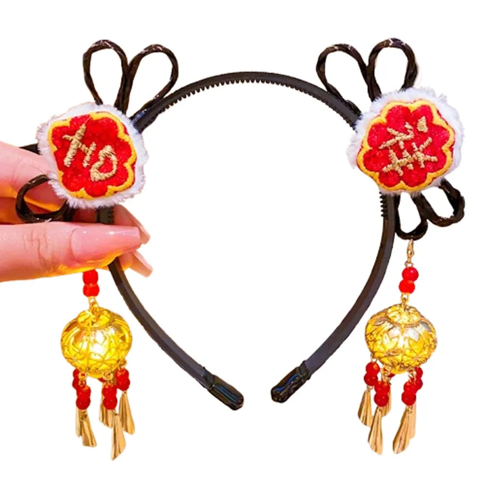 Glowing Hanfu Wig Headband Flower Tassel Chinese Style Luminous Lantern Headband Cute Red New Year Headdress New Year Dress Up