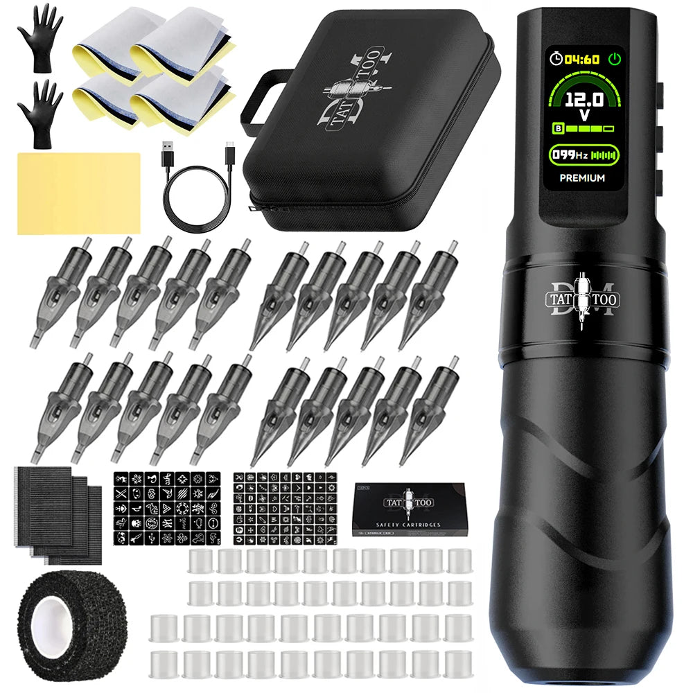 DM Wireless Tattoo Machine Kit Tattoo Pen Kit 4.0MM Stroke 1500mAh High-Capacity Battery For Permanent Makeup Tattoo Gun Kit CPK094 NO INK