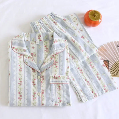 2025 Japanese New Women's Pajama Set 100% Cotton Gauze Long Sleeve Long Pants Two Piece Set Fresh and Sweet Thin Home Clothing