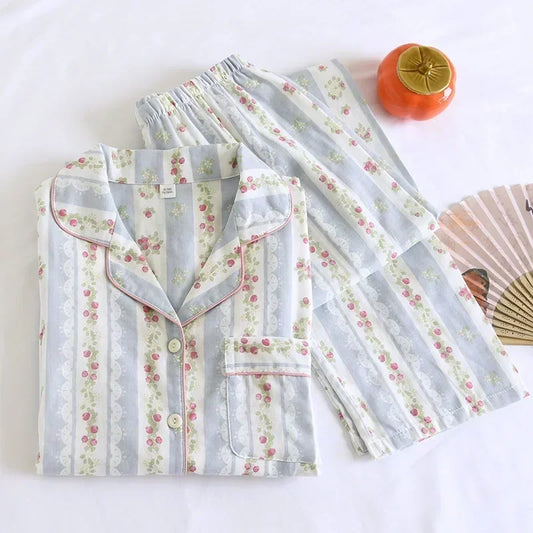 2025 Japanese New Women's Pajama Set 100% Cotton Gauze Long Sleeve Long Pants Two Piece Set Fresh and Sweet Thin Home Clothing