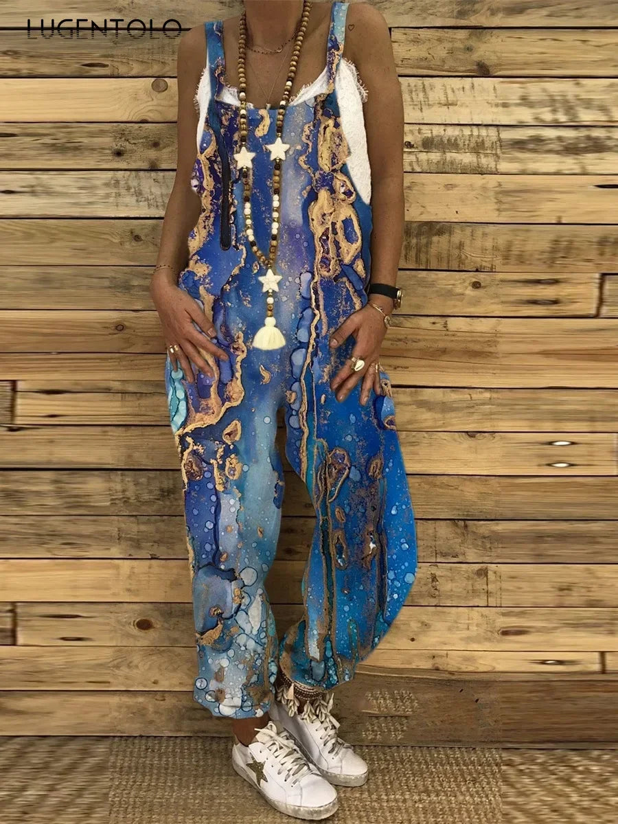 Women Overalls Summer Jumpsuits Thin Vintage Sweet Print Suspenders Loose Female Casual Large Size New Straight-leg Pants