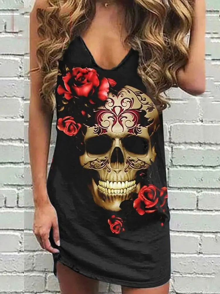 Skull Scarf Sunglasses Print Women Sleeveless Summer Vest dress Solid Color Dress Streetwear O-Neck Casual