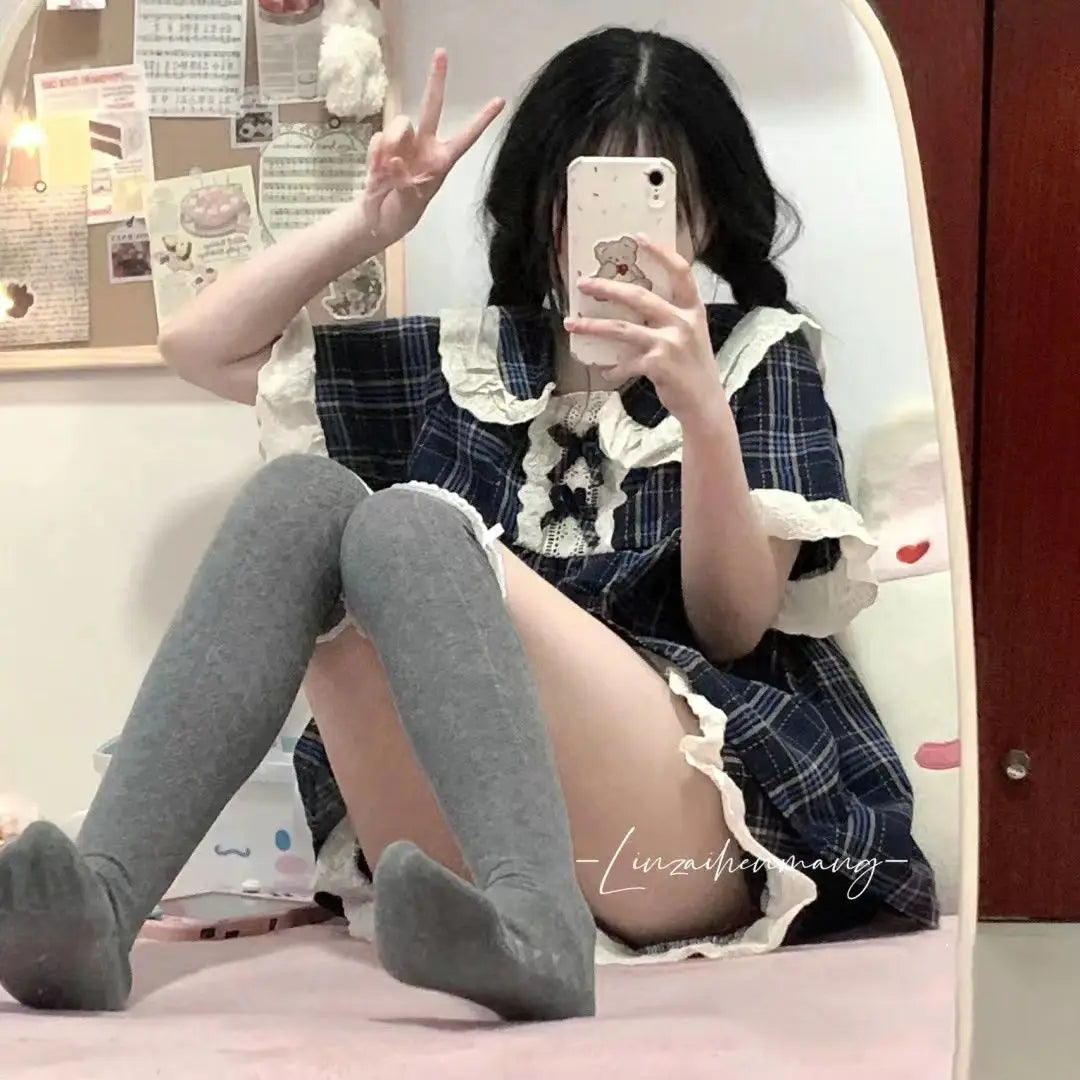 Spring and Autumn New Women's Pajamas Homewear Suit Female Court Style Doll Collar Japanese Girl Plaid Autumn and Winter Homewea