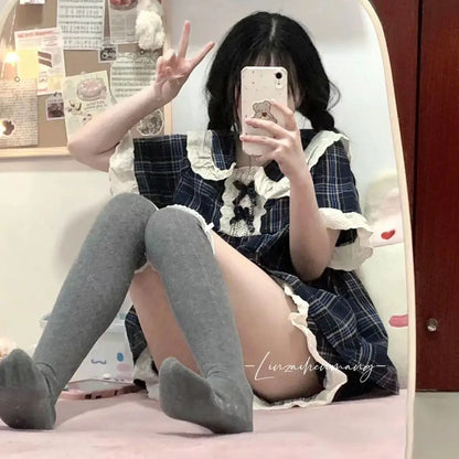 Spring and Autumn New Women's Pajamas Homewear Suit Female Court Style Doll Collar Japanese Girl Plaid Autumn and Winter Homewea