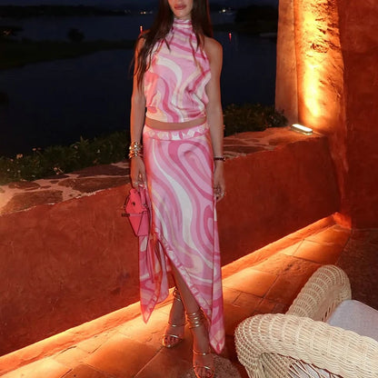 Summer Sexy Print Sleeveless Halter Shirt Skirt Two Piece Set Women Retro Pattern Print Satin Outfit Women Beach Holiday Clothes