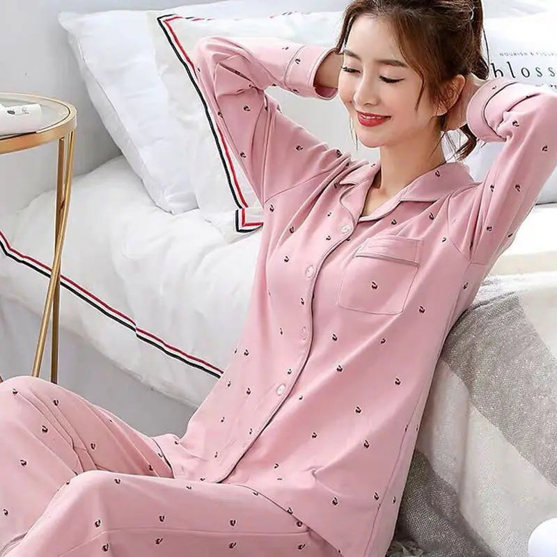 New Women's Imitation Cotton Pyjamas Homewear Set Girls Spring and Autumn Pajamas Homewear Ladies Long-Sleeved Cardigan Homewear