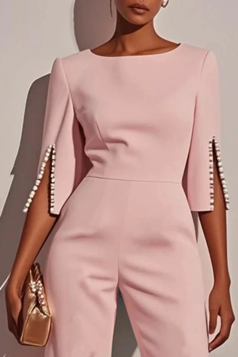 Women's Jumpsuit Casual Solid Color 3/4 Length Sleeve Straight Round Neck Beaded High Waist Daily Going out Regular Fit Black Wh Badiee Stylez