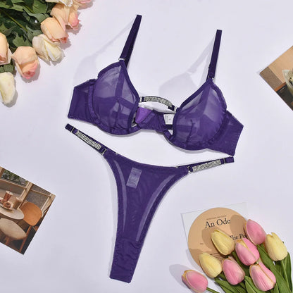 Ellolace Rhinestone Lingerie Onlyfans Kit Sexy Push Up Underwear Without Censorship Matching-Two-Piece Onlyfans Fantasy Clothing Purple