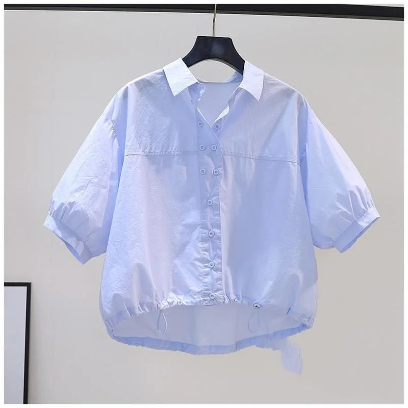 Summer Turn-down Collar Fashion Short Sleeve Shirt Women High Street Solid Color Casual Cardigan Drawstring Pure Cotton Tops SKY BLUE