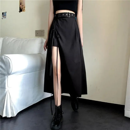 Vintage Dark Gothic High Split Mid-Calf Skirts Women Elegant Fashion Party Club High Waist Femme Bottom Streetwear Goth Skirt 9515-1HS