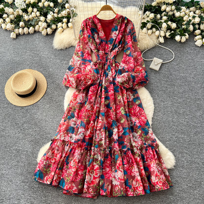 Chic vintage long sleeve lantern sleeve V-neck print pleated Elegant Fairy korean dress women clothing Long dress Red One Size