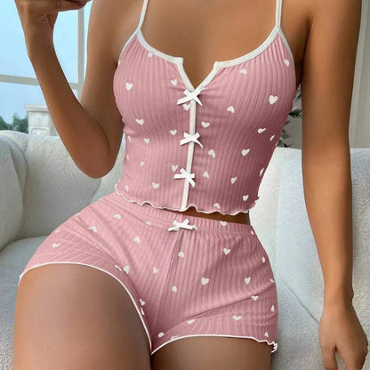 Y2K Cute Floral Print Ribbed Pajama Set Womens Cami Crop Top Shorts Two Piece Sleepwear Loungewear Set Lettuce Trim Bow Button pink