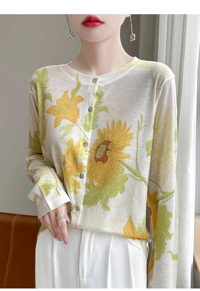 Spring And Summer New Lyocell Water-Soluble Wool Blended Round Neck Knit Cardigan Long Sleeve Feminine Sweater Printed Top