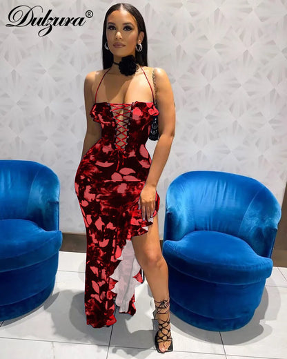 Dulzura Tie Dye Print Lace Up Side Slit Midi Dress For Women Ruffle Long Dress Bodycon Sexy Party Club Outfits 2024 Summer Y2K