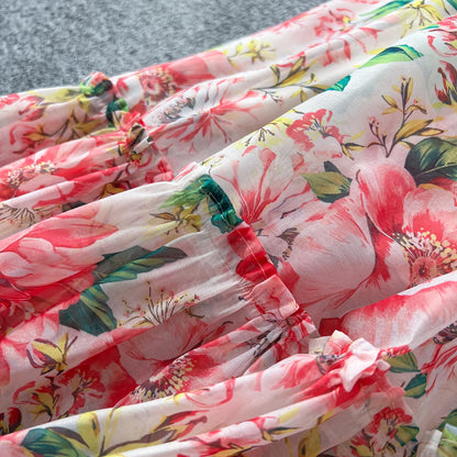 Chic vintage long sleeve lantern sleeve V-neck print pleated Elegant Fairy korean dress women clothing Long dress