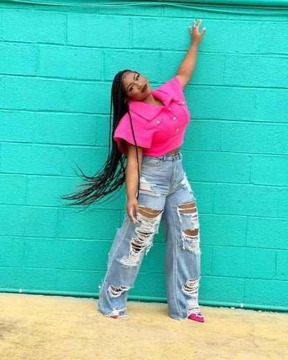 Jeans Women Long Pants Elegant Splice Denim Pant Slim Fit Sexy Hole High Waist Button Pocket Straight Trousers Summer 2024