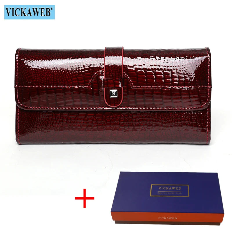Free Gift Women Leather Wallet Long Ladies 3 Folders Clutch Money Bag Design Purse Fashion AE605-25 Date Red and Box