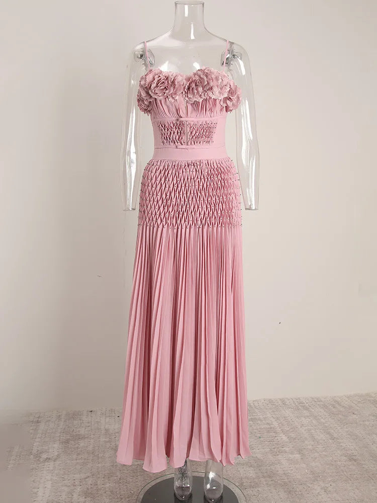 DEAT Elegant Dress Hollow Out Backless Camisole Pleated Flower High Waist Women's Party Dresses 2025 Autumn New Fashion 13DB5083 Badiee Stylez