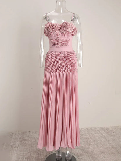 DEAT Elegant Dress Hollow Out Backless Camisole Pleated Flower High Waist Women's Party Dresses 2025 Autumn New Fashion 13DB5083 Badiee Stylez