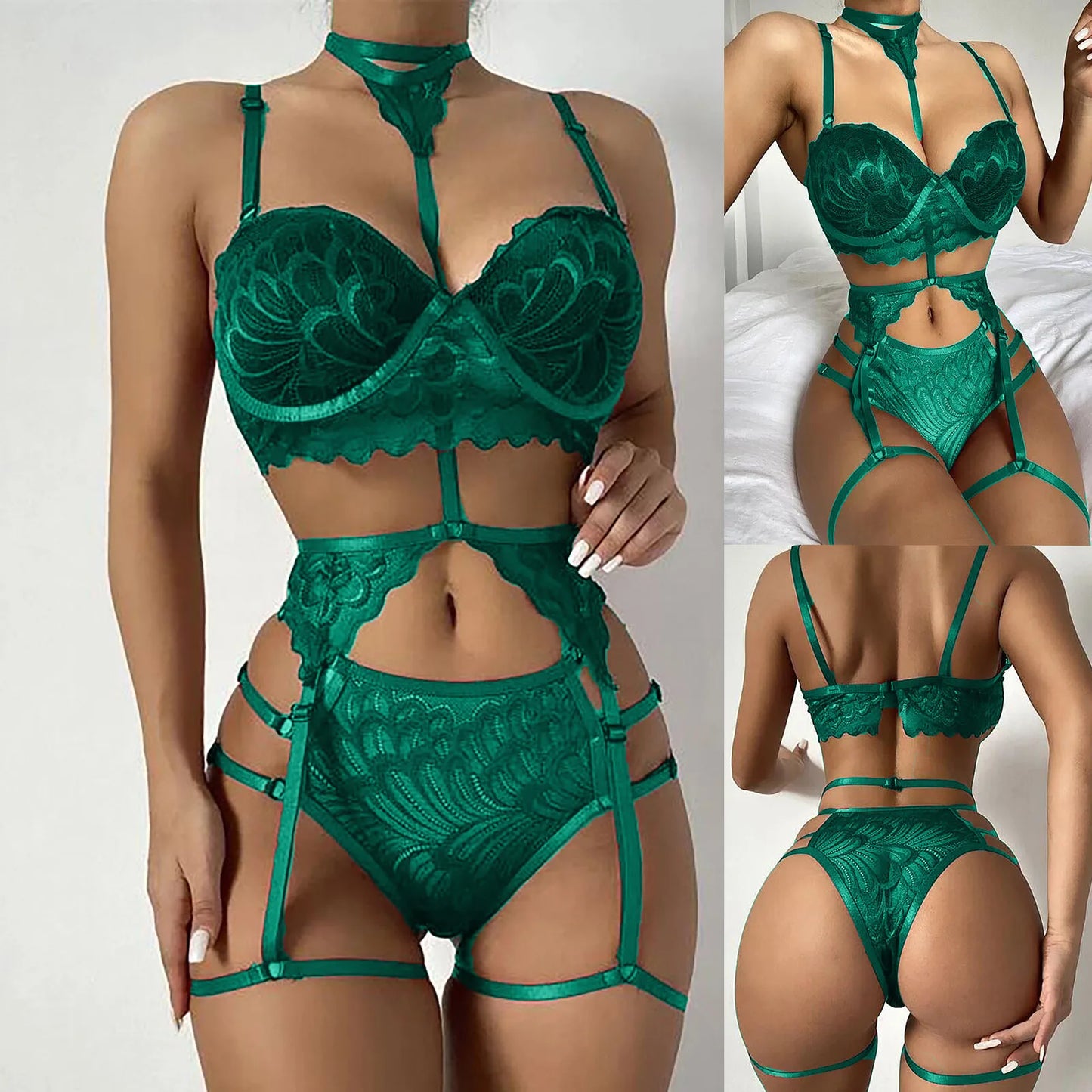 Fantasy sexy lingerine outfit Women Bra Garters Panties See Through Lingerie Set Ladies Sexy Underwear Set Porn Sexy Costumes 4095-green-nobrapad