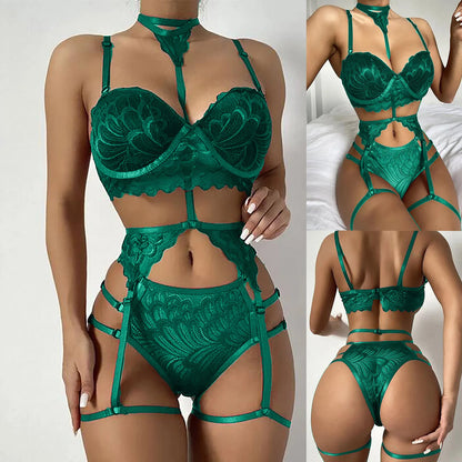 Fantasy sexy lingerine outfit Women Bra Garters Panties See Through Lingerie Set Ladies Sexy Underwear Set Porn Sexy Costumes 4095-green-nobrapad