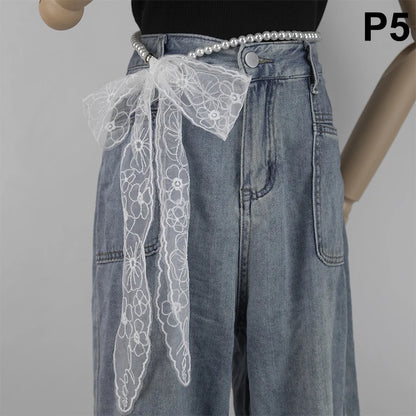 High-Quality Retro Silk Scarf Featuring Lace; Versatile Long Streamer Headband P5