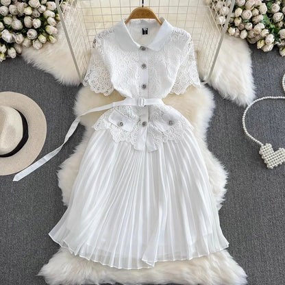 Summer Elegant Crochet Lace Patchwork Chiffon Pleated Dress Women's Short Sleeve Hollow Out Flower Buttons Belt Runway Vestidos