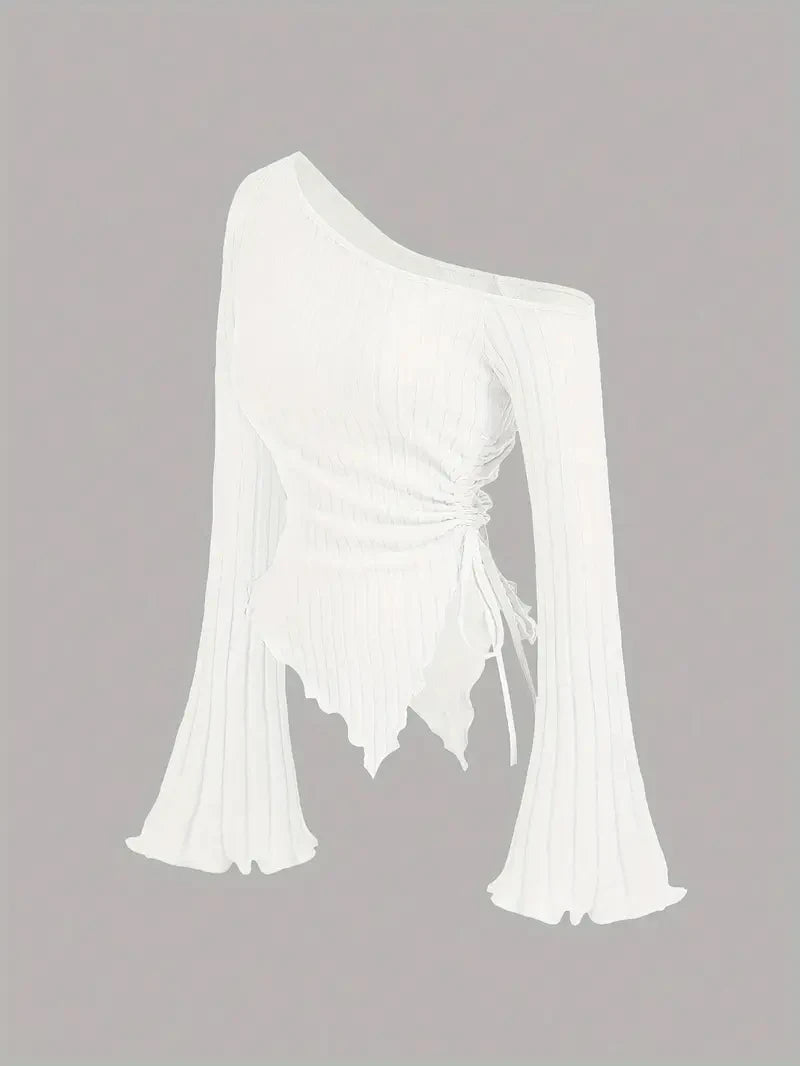 women's New off shoulder cross long sleeved slim fit casual street style asymmetrical elegant T-shirt trumpet sleeve top WHITE