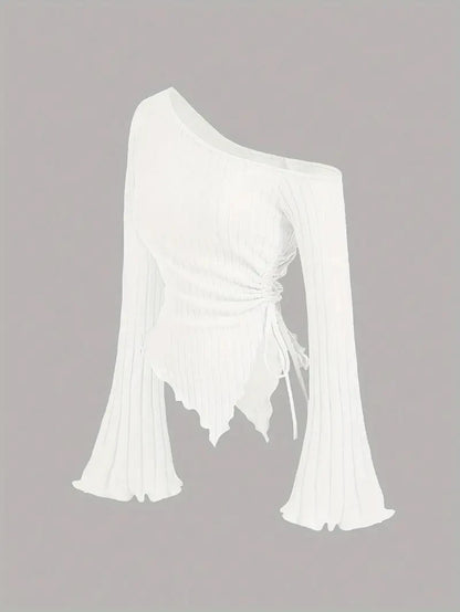 women's New off shoulder cross long sleeved slim fit casual street style asymmetrical elegant T-shirt trumpet sleeve top WHITE