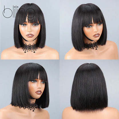 200% Human Hair Wig With Bang Natural Glueless Straight Layered Bob Hairstyle 1X13 Transparent Lace Black for Women 10 Inch Badiee Stylez