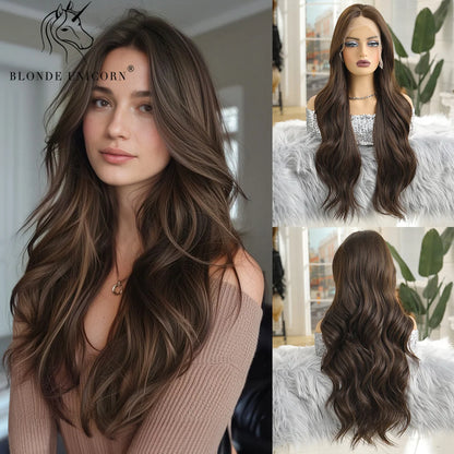 13x6 Lace Front Wig Blonde Wave Synthetic Wigs for Women Daily Party Cosplay Use Heat Resistant Fiber Hair SWLF8002-1BR28 1pc 150%|CHINA|26inches