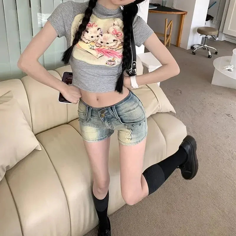 Blue Retro Female Short Jeans Pants Fashion 2025 New In Clothing Hot Casual Trend 2000s Clothes Y2k Flowy Women's Denim Shorts