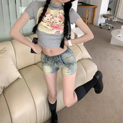 Blue Retro Female Short Jeans Pants Fashion 2025 New In Clothing Hot Casual Trend 2000s Clothes Y2k Flowy Women's Denim Shorts