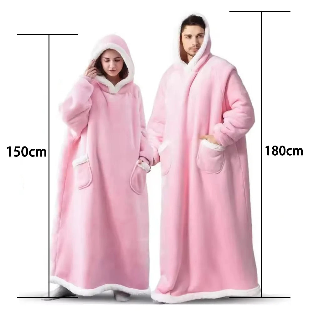 180cm Super Long Flannel Blanket Pyjamas with Sleeves Winter Hoodies Sweatshirt Women Men Pullover Fleece Giant Oversized Outdoo - Badiee Stylez