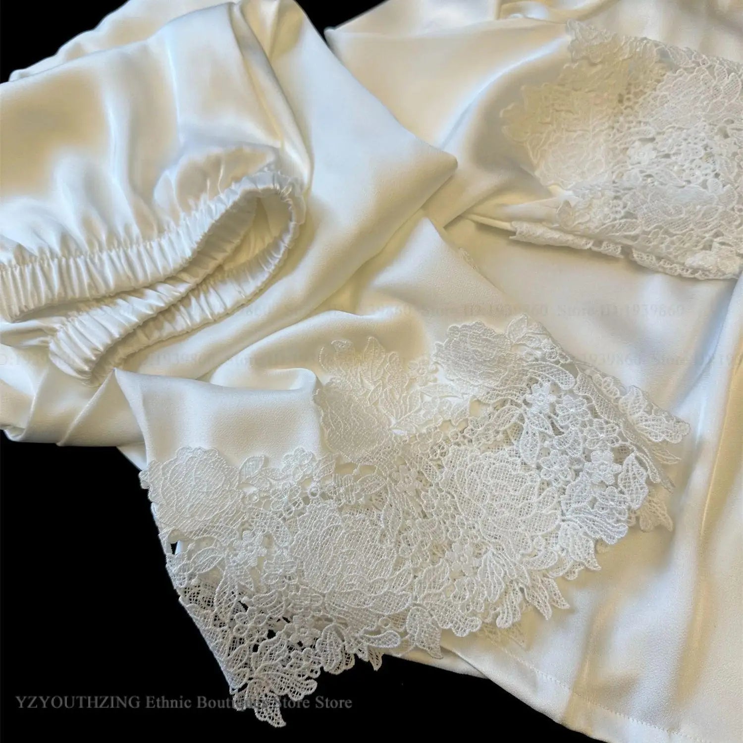 Female Pajamas Set White Satin Lace Trim Bride Wedding Sleepwear Gift Homewear Sexy Loose Long Sleeve Trouser Suit Loungewear