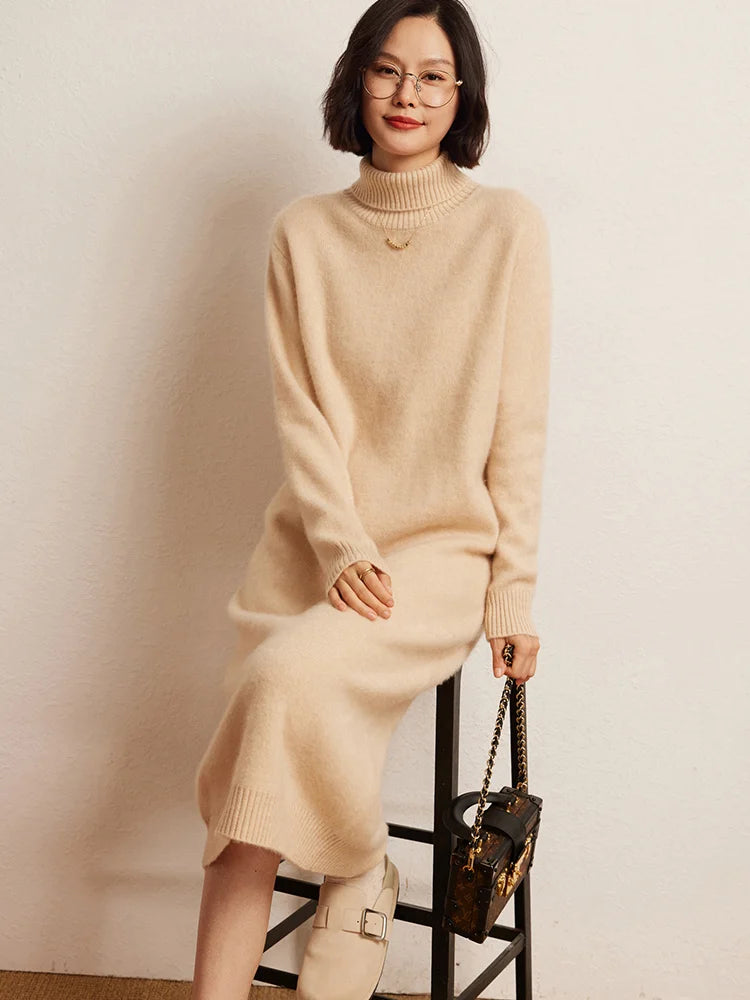 100% Cashmere Sweater Long Dress New Women High Turn-down Collar Pullover  Soft Cosy Autumn Winter Casual Solid Knitwear Dress Badiee Stylez