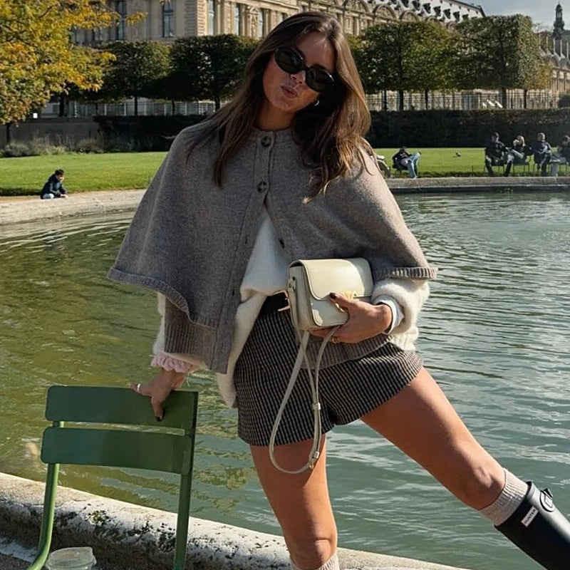 MUJER Cape Cropped Cardigan for Women Knitted Short Sweaters Cardigans Women Fashion Button Knitwear Women Cloak Women's Sweater