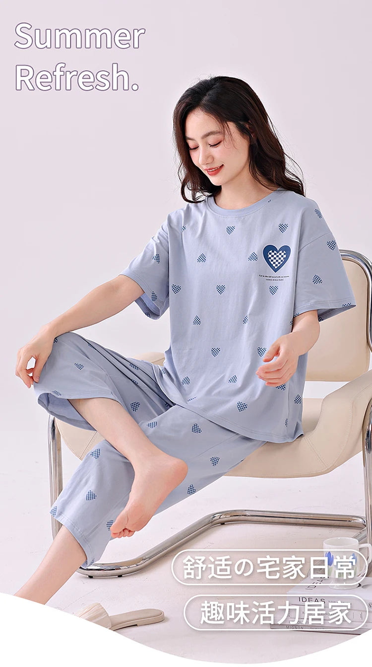 Newest Summer Casual Pajamas Set Women 100% Cotton Sleepwear Female Short Top+Calf-Length Pant Pyjamas